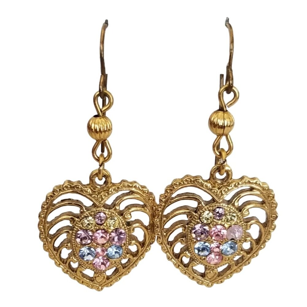 1928 Gold Tone Multicolor Rhinestone Heart Dangle Hook Earrings, M973